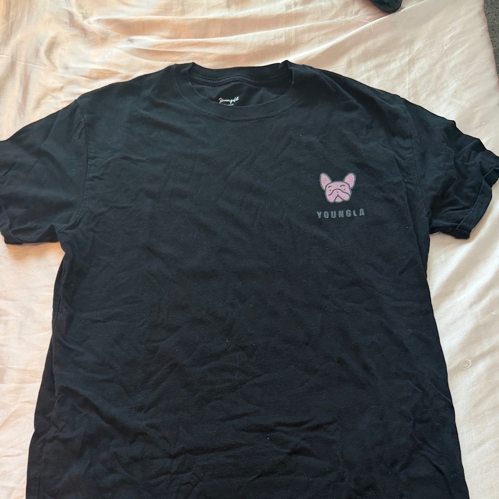 YoungLA Black T‑Shirt with Pink Bulldog Chest Logo